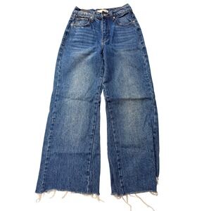 Mia Madison High Rise Wide Leg Jeans Raw Hem Distressed Denim Blue Size 1